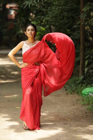 Red White Mulmul Saree